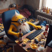 a bottle of budweiser sits on a messy desk next to a keyboard