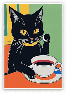 a black cat is sitting next to a cup of coffee