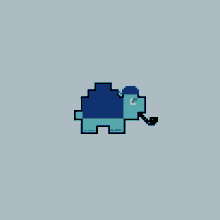 a pixel art of a blue turtle with a hat and a pipe