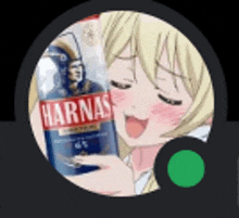 a blonde anime girl is holding a bottle of harnas