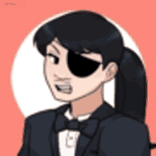 a cartoon of a woman wearing a tuxedo and a bow tie with a black eye patch .