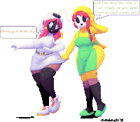 a pixel art drawing of two masked women talking