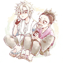 a drawing of two young boys eating food