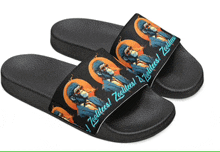 a pair of black slides with a picture of a man and the words " traities ! "