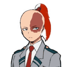 a bald man with a red ponytail and a tie is wearing a suit and tie .