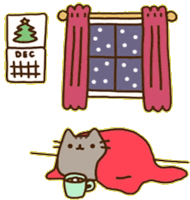 a cat is laying under a red blanket with a cup of hot chocolate