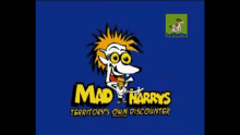 a logo for mad harry 's territory 's own discounter with a cartoon character