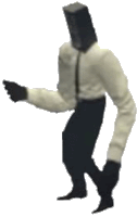 a man with a box on his head is dancing in a white shirt and tie .