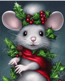 a mouse wearing a wreath of holly and berries is holding a red scarf .