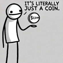 a stick figure is holding a coin that says $ coin