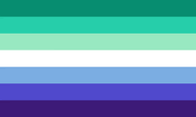 a blue , green , white , and purple flag with a white stripe in the middle on a white background .