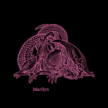 a pink drawing of a dragon with the name marilyn underneath it