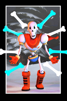 a cartoon skeleton is surrounded by bones and has a red cape on