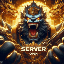 a poster that says server open with a lion with a crown