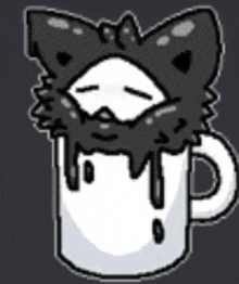 a black and white drawing of a cat sleeping in a cup of coffee .