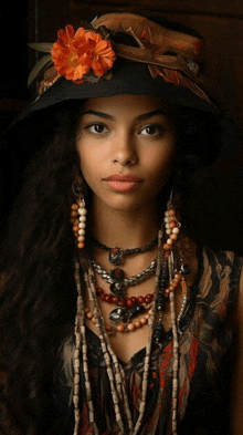 a woman wearing a hat and a necklace with beads