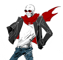 a drawing of a skeleton wearing a jacket and scarf