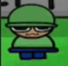 a cartoon character wearing a green helmet and sunglasses is sitting on the ground .