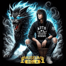 a man with a hoodie that says auto wd disini sits in front of a werewolf