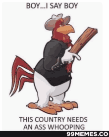 a cartoon of a rooster wearing a cowboy hat and holding a piece of wood .