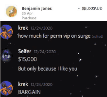 a screenshot of a conversation between benjamin jones and krek about perm vip on surge