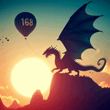 a dragon is holding a hot air balloon with 168 on it