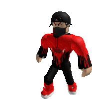 a roblox character is wearing a red hoodie and black pants