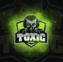 a logo for a toxic squad with a skull wearing headphones and a gas mask .