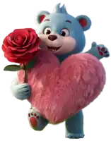 a blue teddy bear is holding a pink heart and a rose