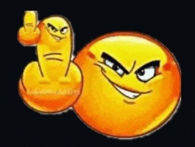 a yellow smiley face is giving the middle finger to another yellow smiley face .