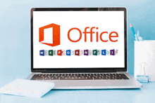 a laptop is open to a page that says office