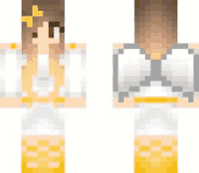 a minecraft skin of a girl in a white dress and yellow pants