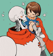 a cartoon drawing of a skeleton holding a little girl