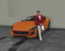 a man in a red jacket and white pants is standing next to an orange sports car