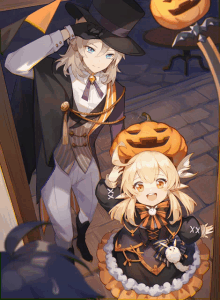 a couple of anime characters standing next to each other with one wearing a pumpkin on her head