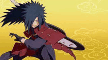 madara from naruto is holding a sword and shield in his hands .