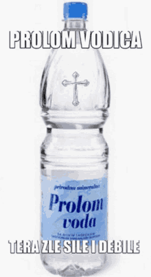 a bottle of prolom voda water with a cross on it