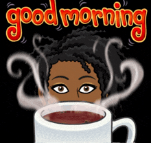 a cartoon of a woman drinking a cup of coffee with the words good morning written above her