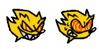 two drawings of a yellow cartoon character with red eyes and teeth on a white background .