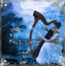 a woman in a white dress is playing a harp in front of a full moon with lm written on the bottom