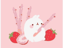 a white bunny is eating ice cream next to strawberries and donuts