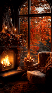 a chair in front of a fireplace with a view of autumn leaves