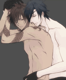 a shirtless anime character with a dragon tattoo on his shoulder