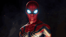 a close up of a spider man 's face with glowing eyes