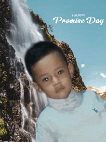 a young boy stands in front of a waterfall with the words happy promise day