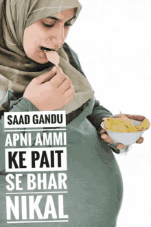 a pregnant woman in a hijab is eating chips