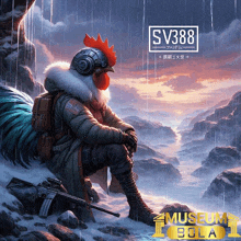 a rooster wearing a helmet and headphones sits in the snow with a gun and a sign that says sv388