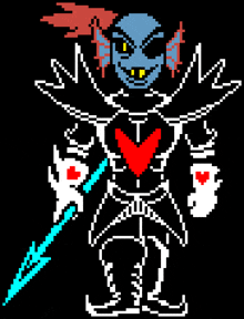 a pixel art of a skeleton holding a blue and red sword