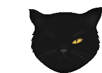 a black cat 's face with yellow eyes is shown on a white background