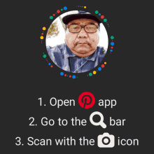 a picture of a man with glasses and a hat is surrounded by instructions on how to use a pinterest app